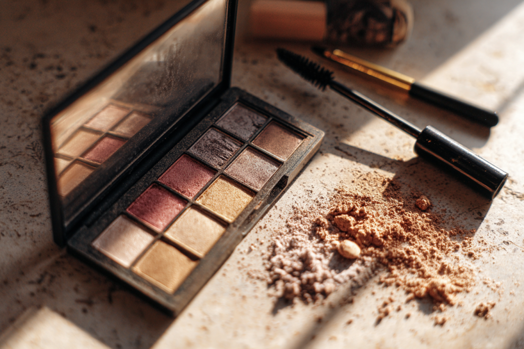 Open eyeshadow palettes, mascara wands, and setting powder lying on a bathroom floor | Source: Midjourney