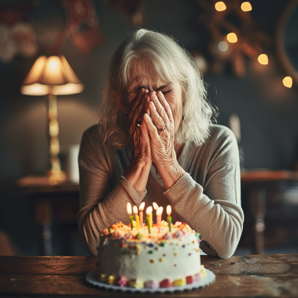 A woman sitting in front of a birthday cake and crying | Source: Midjourney