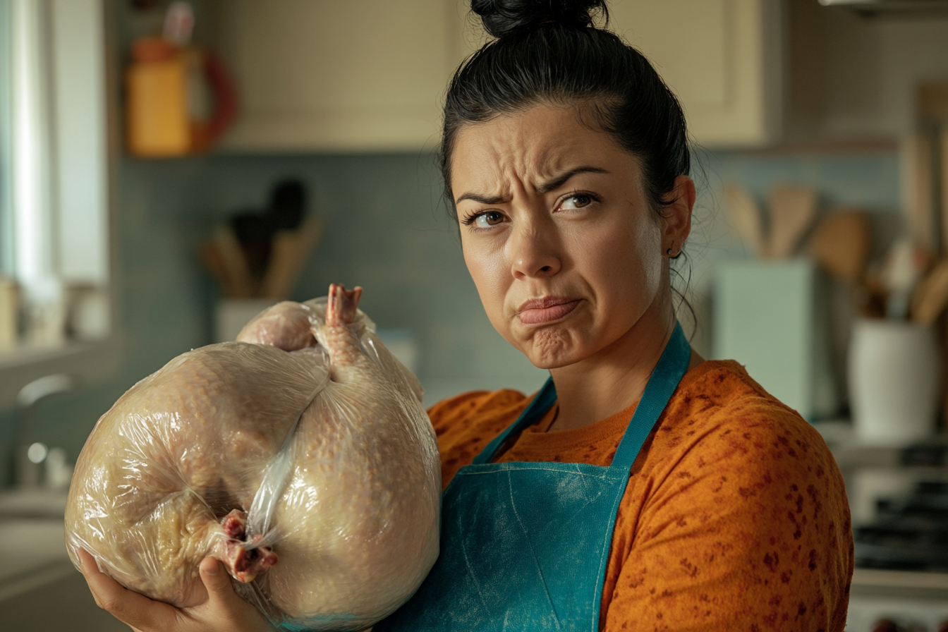 A woman holding a raw turkey | Source: Midjourney