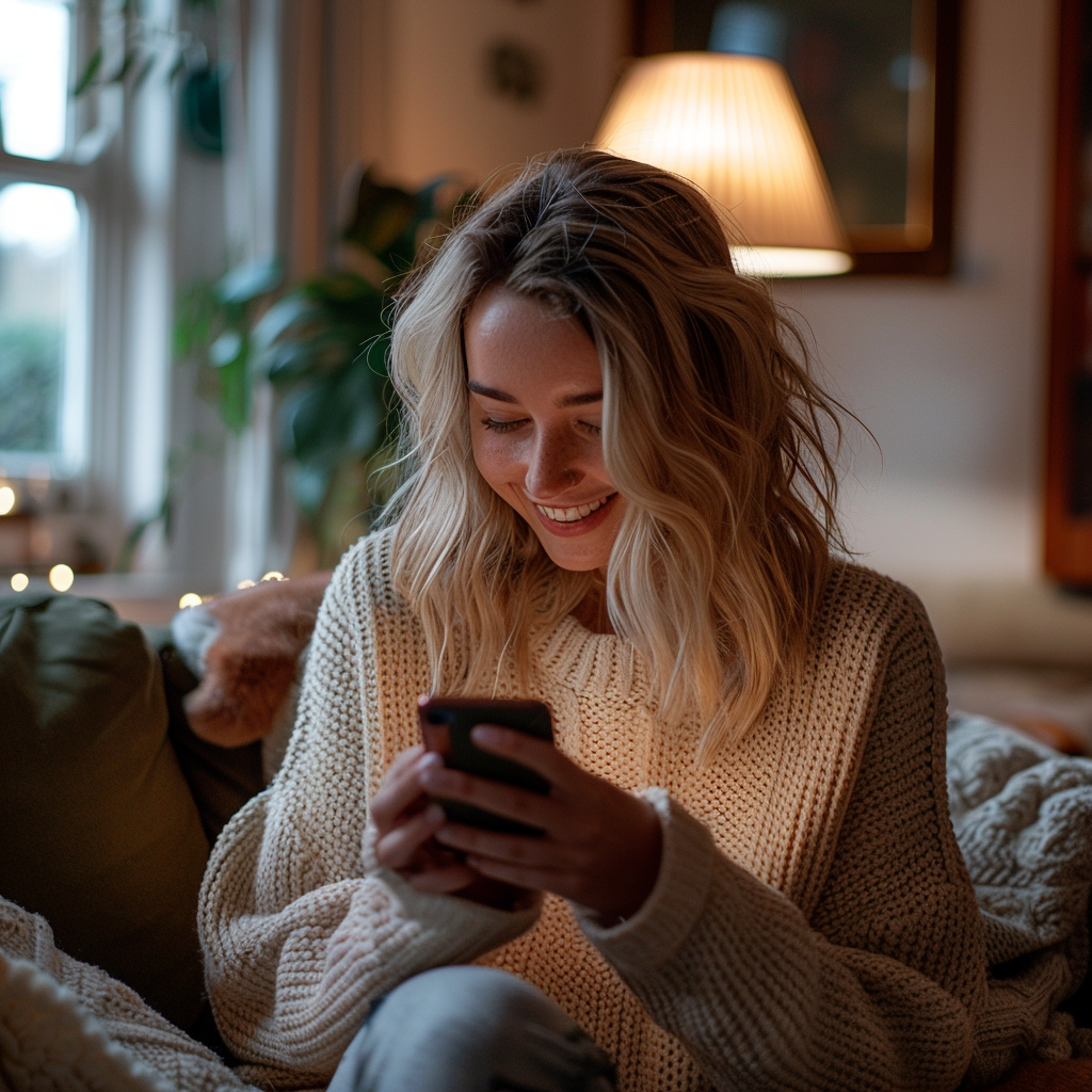 A young woman smiling while using her phone | Source: Midjourney