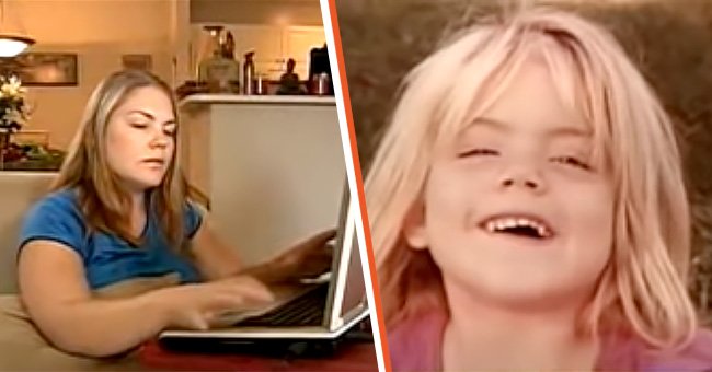 [Left] April Becker Antoniou searching for her father online on her laptop; [Right] A photo of April Becker Antoniou when she was a child. | Source: youtube.com/BECKERBROADCAST