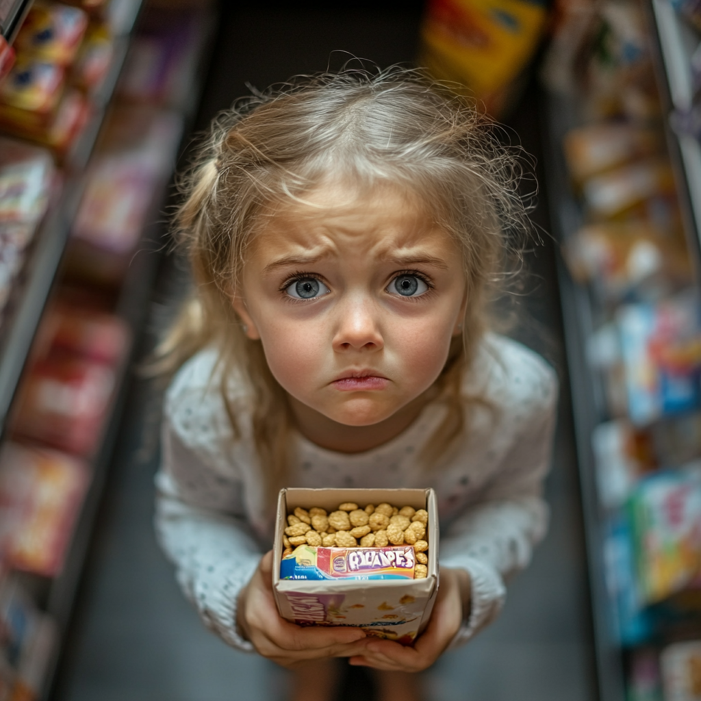 A sad small girl with a box of cereal | Source: Midjourney