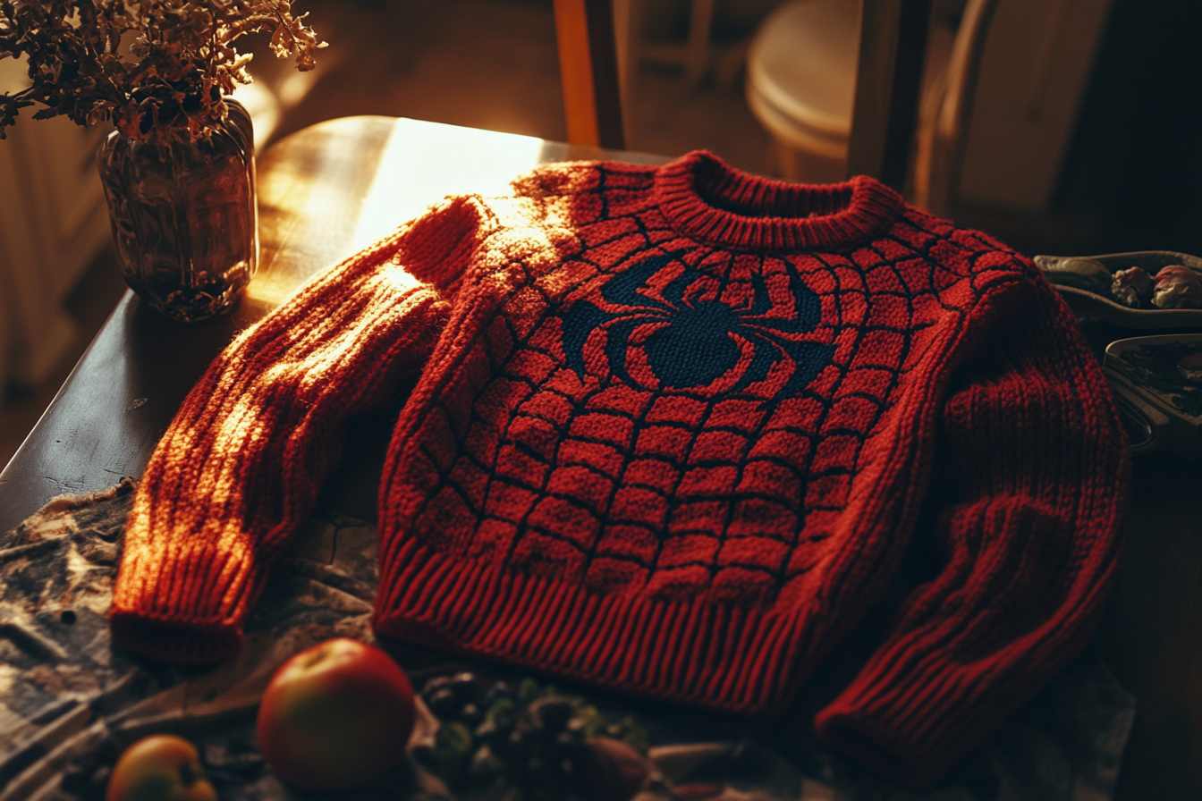 A Spiderman-themed knitwear laid on a table | Source: Midjourney