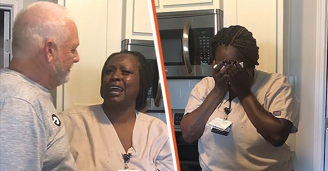 Chris Wright's father comforts a teary-eyed TunDe Hector [Left]. TunDe crying her heart out [Right]. | Photo: YouTube.com/Carmen Wright