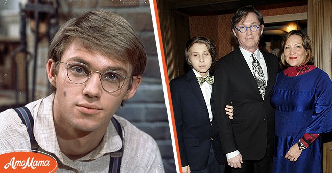 [Left] Richard Thomas as John Boy Walton on 1972 "The Waltons" TV series; [Right] Richard Thomas, son Montana James Thomas and wife Georgiana Thomas pose at the opening night after party for "Race" at the Redeye Grill on December 6, 2009 in New York City. | Source: Getty Images