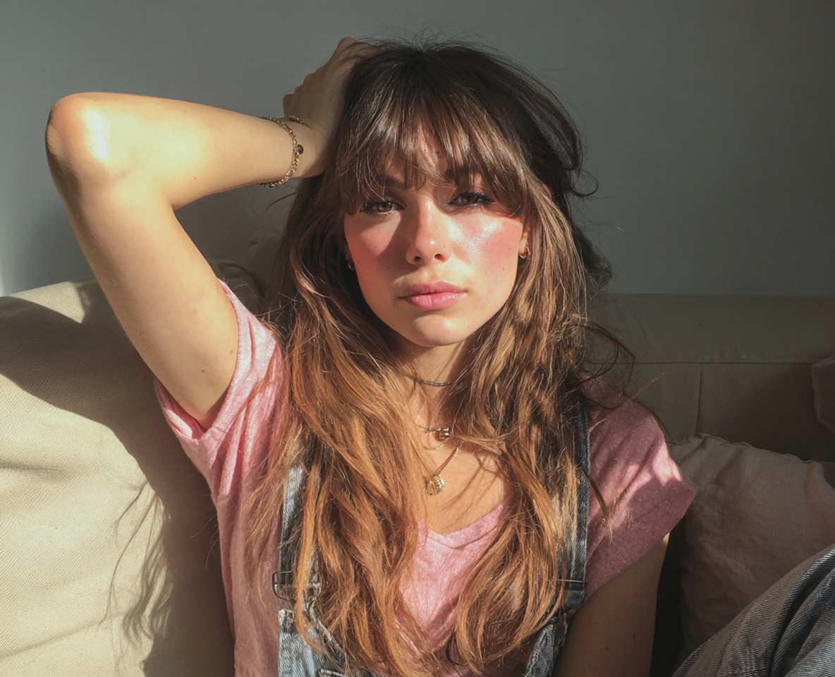 A woman sitting with her hand on her head | Source: Midjourney