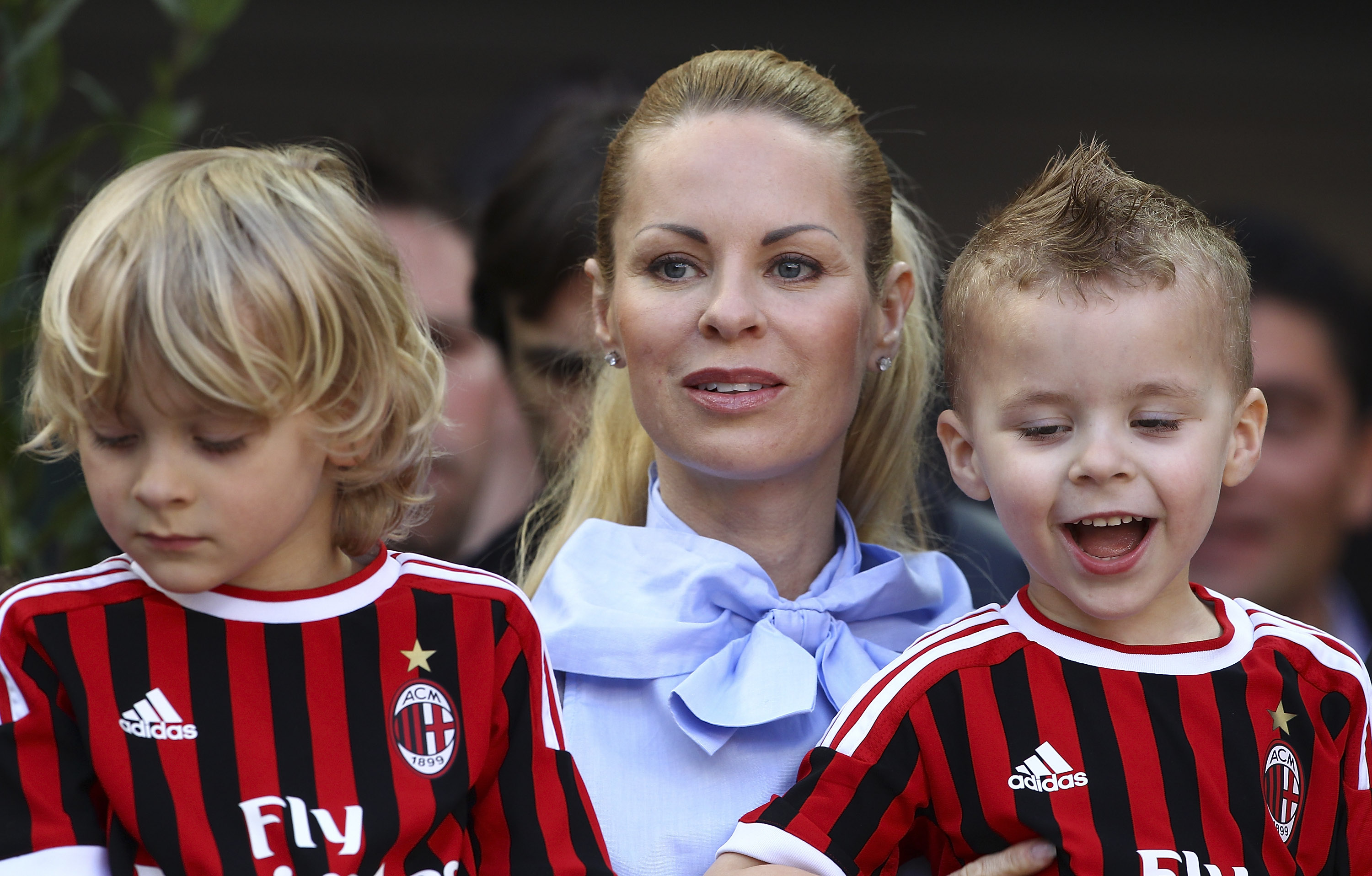 Helena Seger and her children, Maximilian and Vincent Ibrahimović, attended the Serie A match between AC Milan and Genoa CFC at Stadio Giuseppe Meazza on April 25, 2012, in Milan, Italy. | Source: Getty Images
