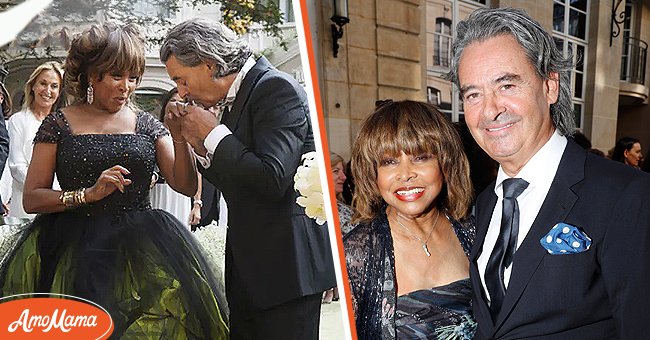 [Left] Erwin Bach kissing Tina Turner's hand; [Right] Singer Tina Turner and her husband Erwin Bach at the Giorgio Armani Prive Haute Couture Fall Winter 2018/2019 show as part of Paris Fashion Week on July 3, 2018 in Paris, France. | Source: Getty Images