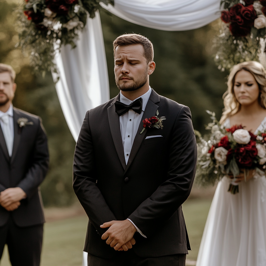 Somber groom at his wedding | Source: Midjourney