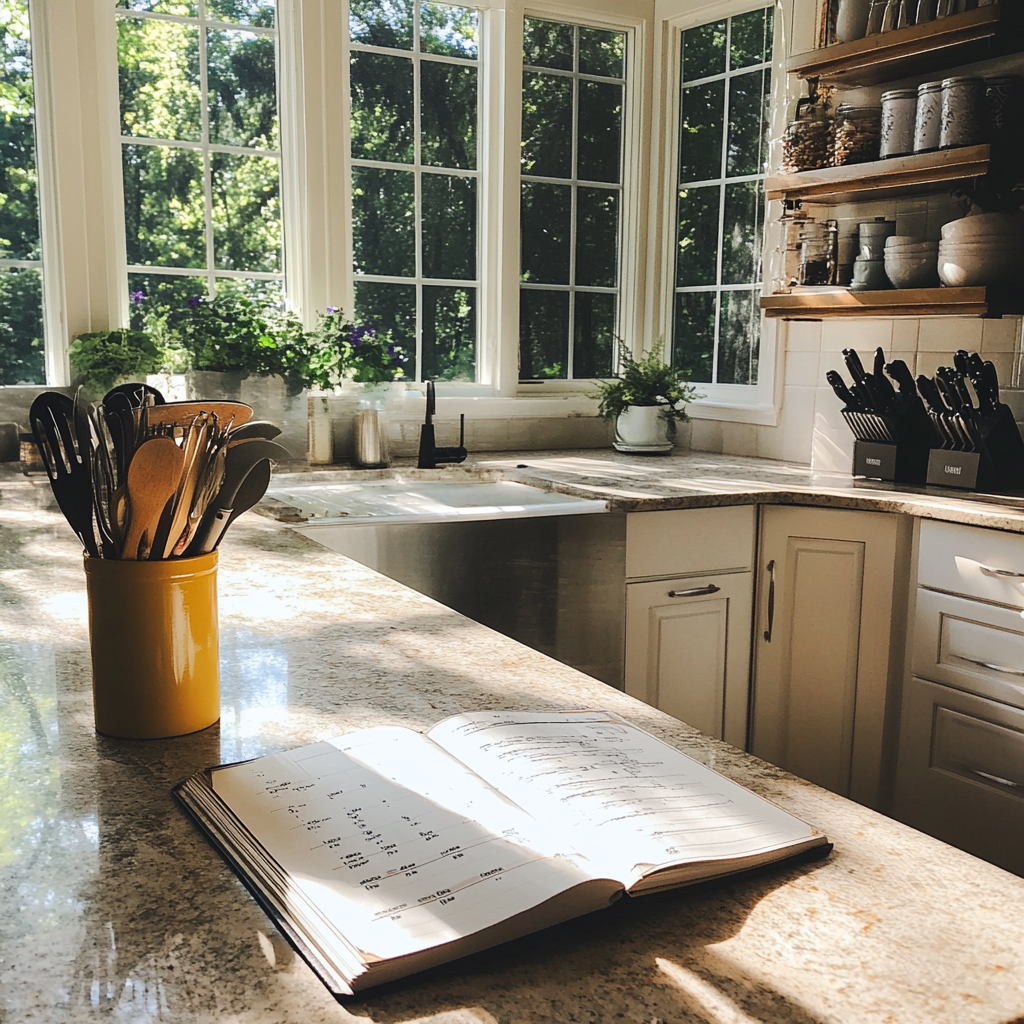 An open planner on a counter | Source: Midjourney