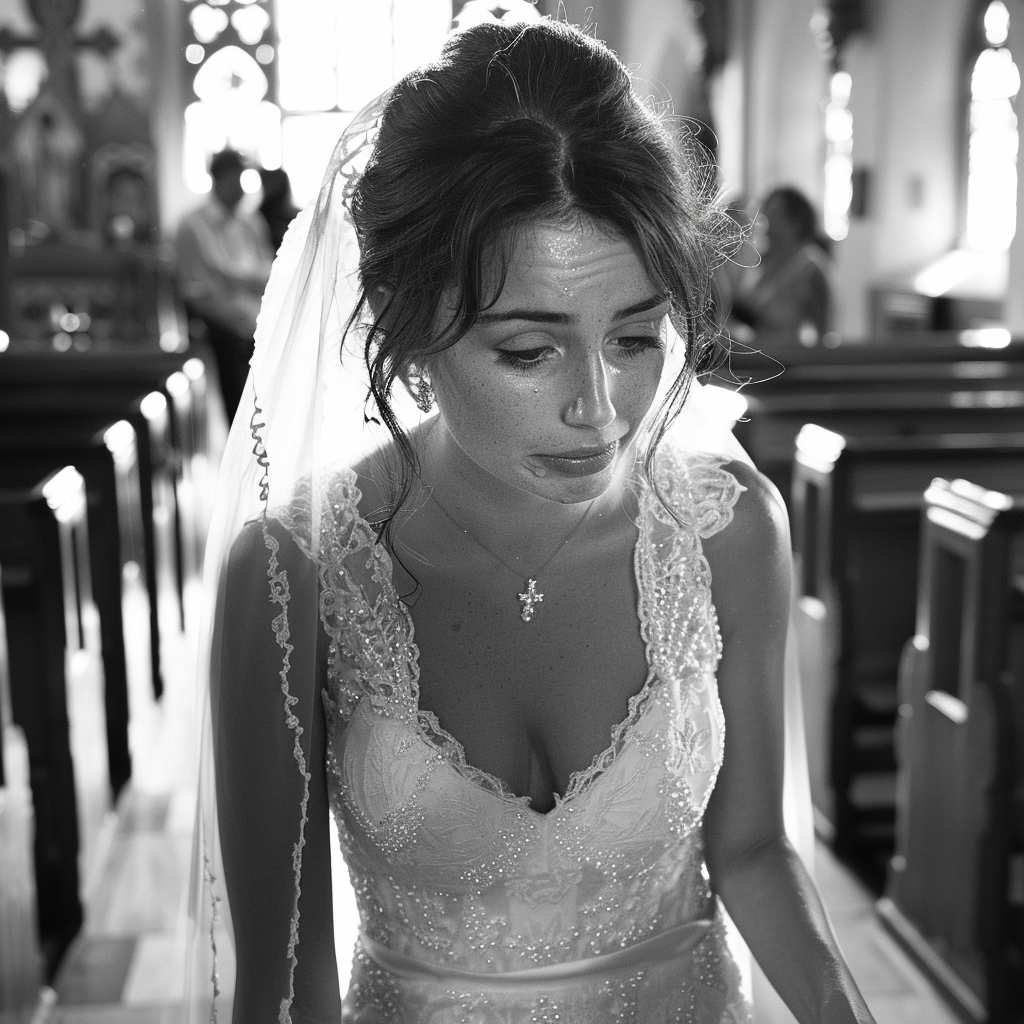 An upset bride in a church | Source: Midjourney