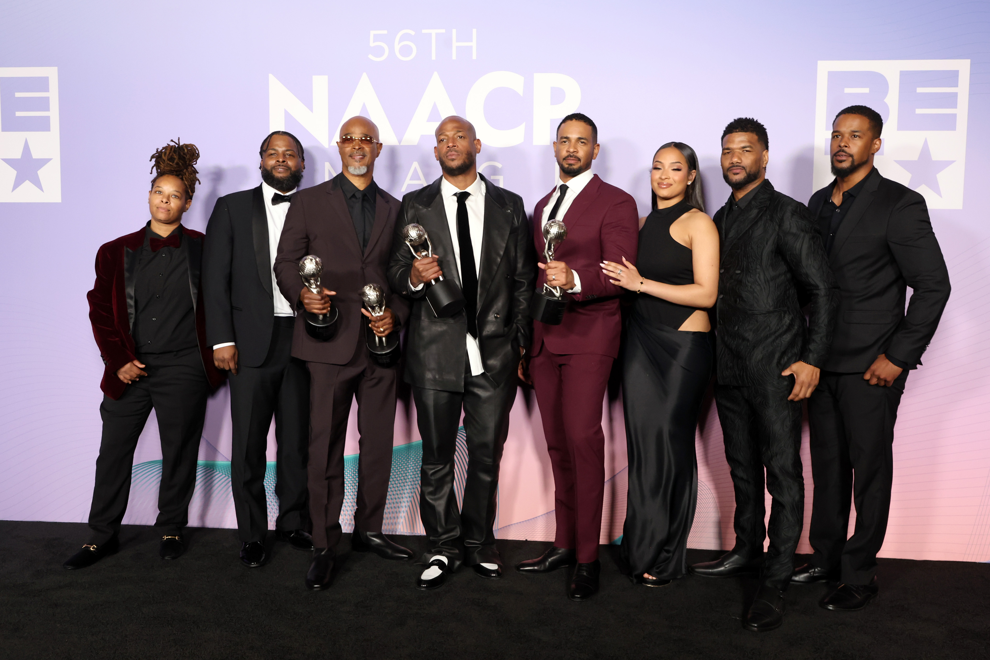 Chaunté, Craig, Damon, Marlon, Damon Wayans Jr., Damien Dante and Gregg Wayans, winners of the NAACP Awards Hall of Fame award, pose in the press room during the 56th NAACP Image Awards on February 22, 2025 | Source: Getty Images