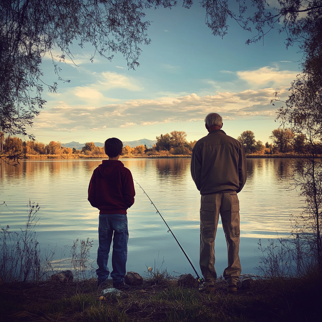 An old man and a young boy bonding while fishing | Source: Midjourney