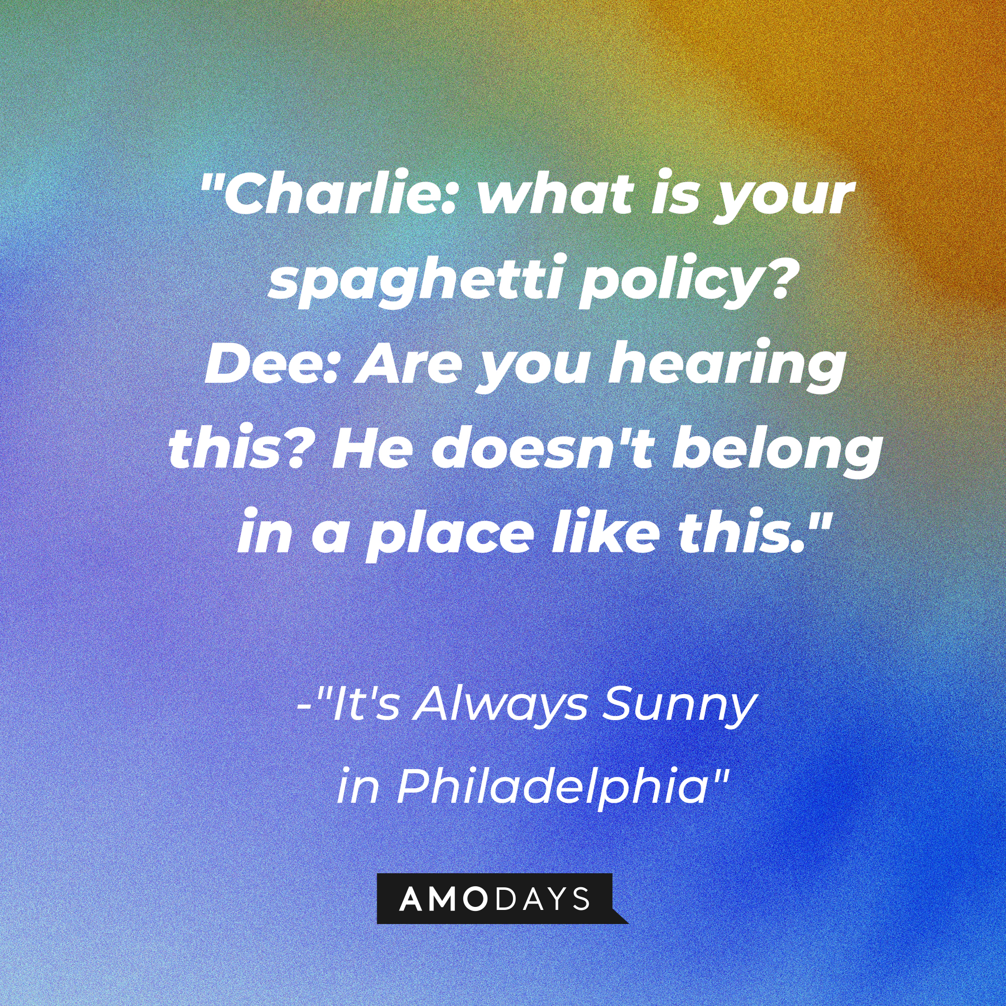 A photo with the quote, "Charlie: what is your spaghetti policy? Dee: Are you hearing this? He doesn't belong in a place like this." | Source: Amodays