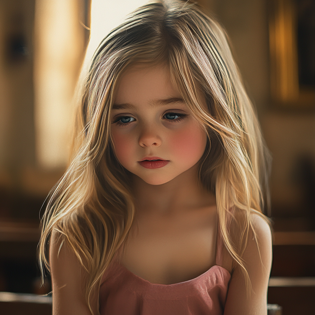 A sad little girl sitting in the church | Source: Midjourney