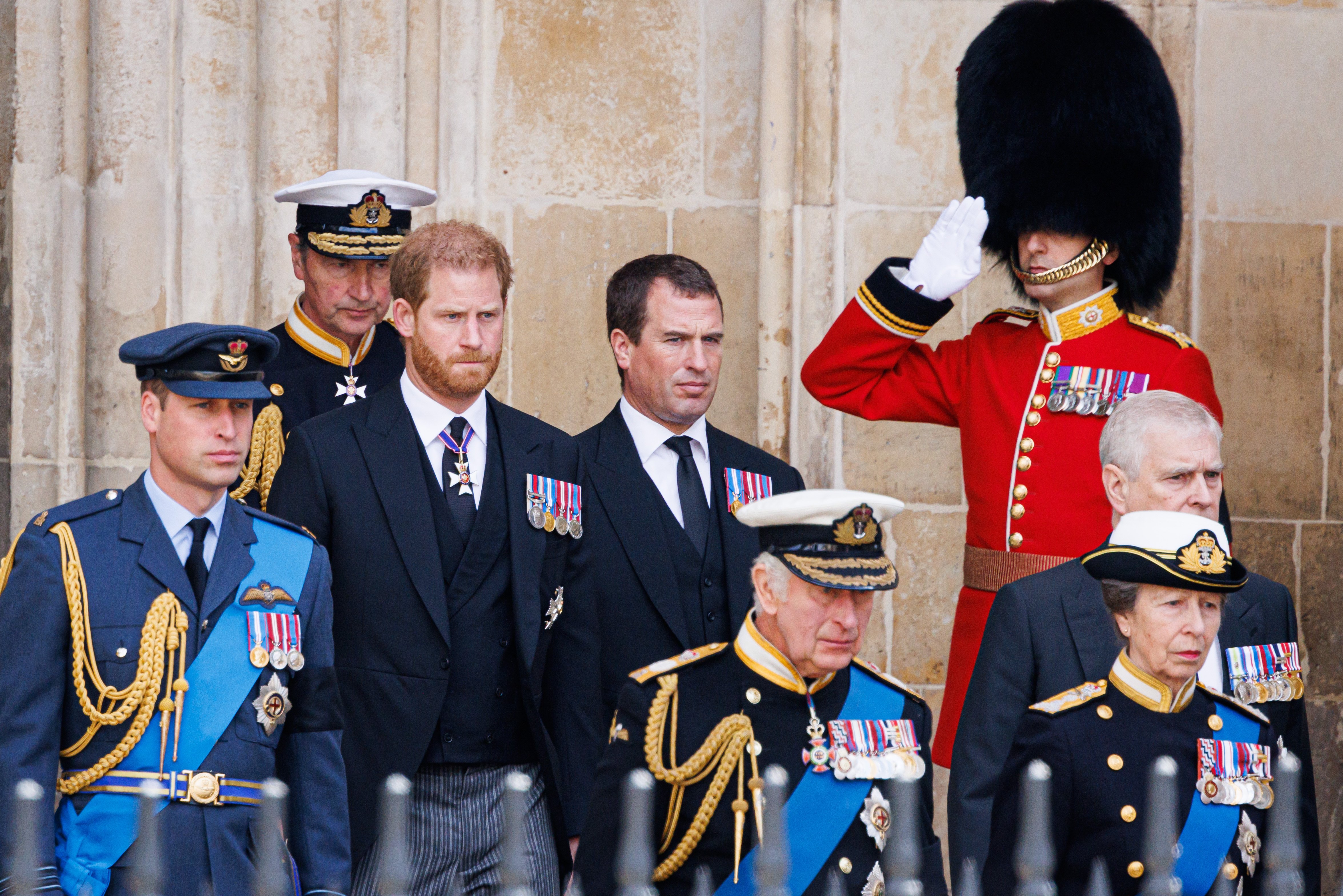 Prince William, Prince of Wales, Tim Laurence, Prince Harry, Duke of Sussex, Peter Phillips, Prince Andrew, Duke of York, King Charles III, Prince Edward, Earl of Wessex, and Anne, Princess Royal, during the State Funeral of Queen Elizabeth II at Westminster Abbey on September 19, 2022, in London, England. | Source: Getty Images