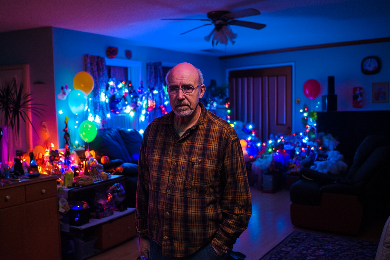 A dour man standing in a decorated living room | Source: Midjourney