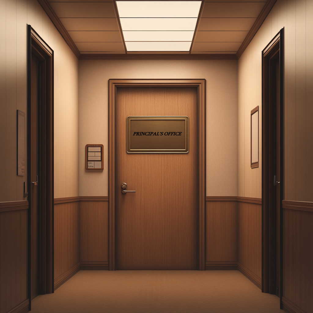 A school hallway with the principal's office at the far end | Source: Midjourney