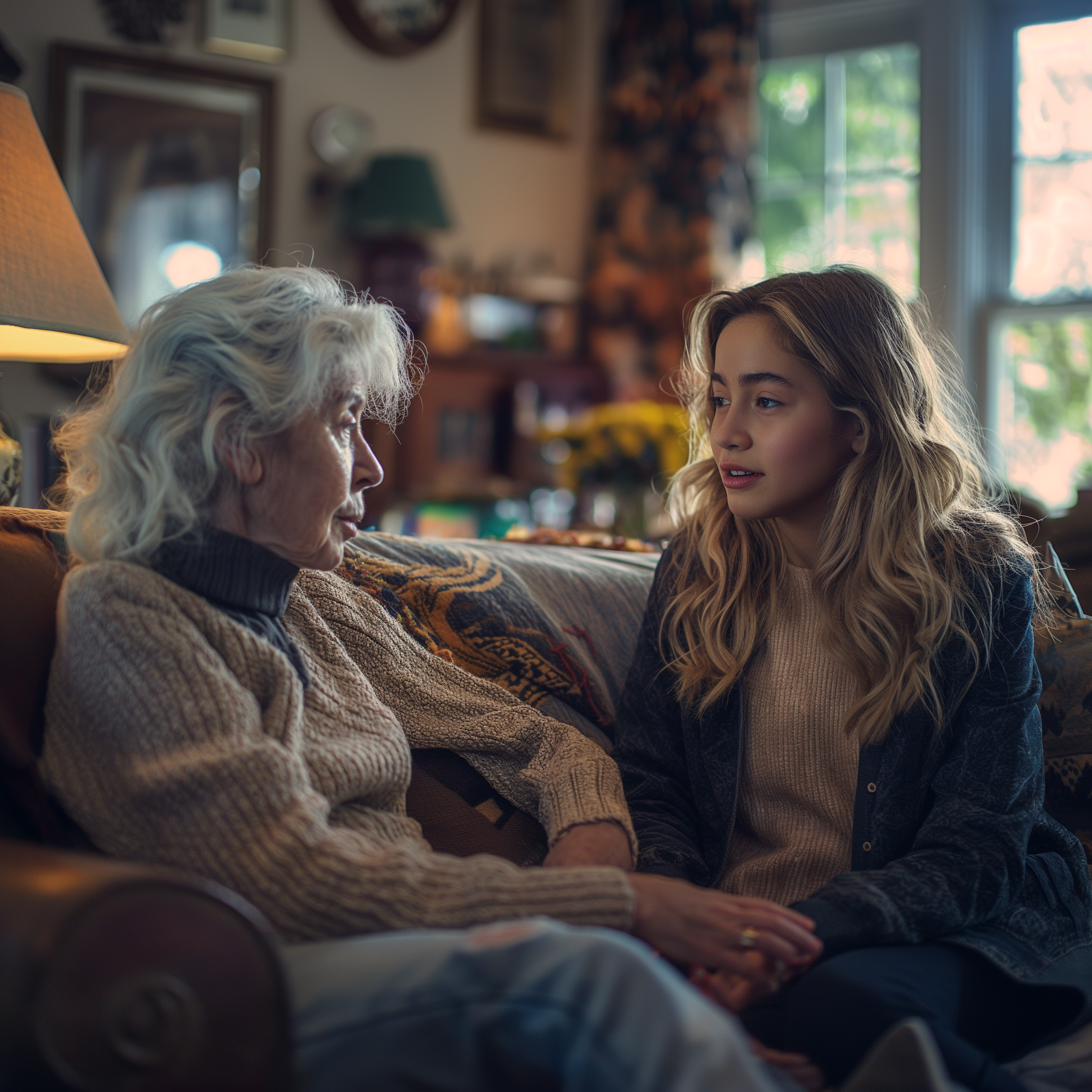 Two women chatting at home | Source: Midjourney