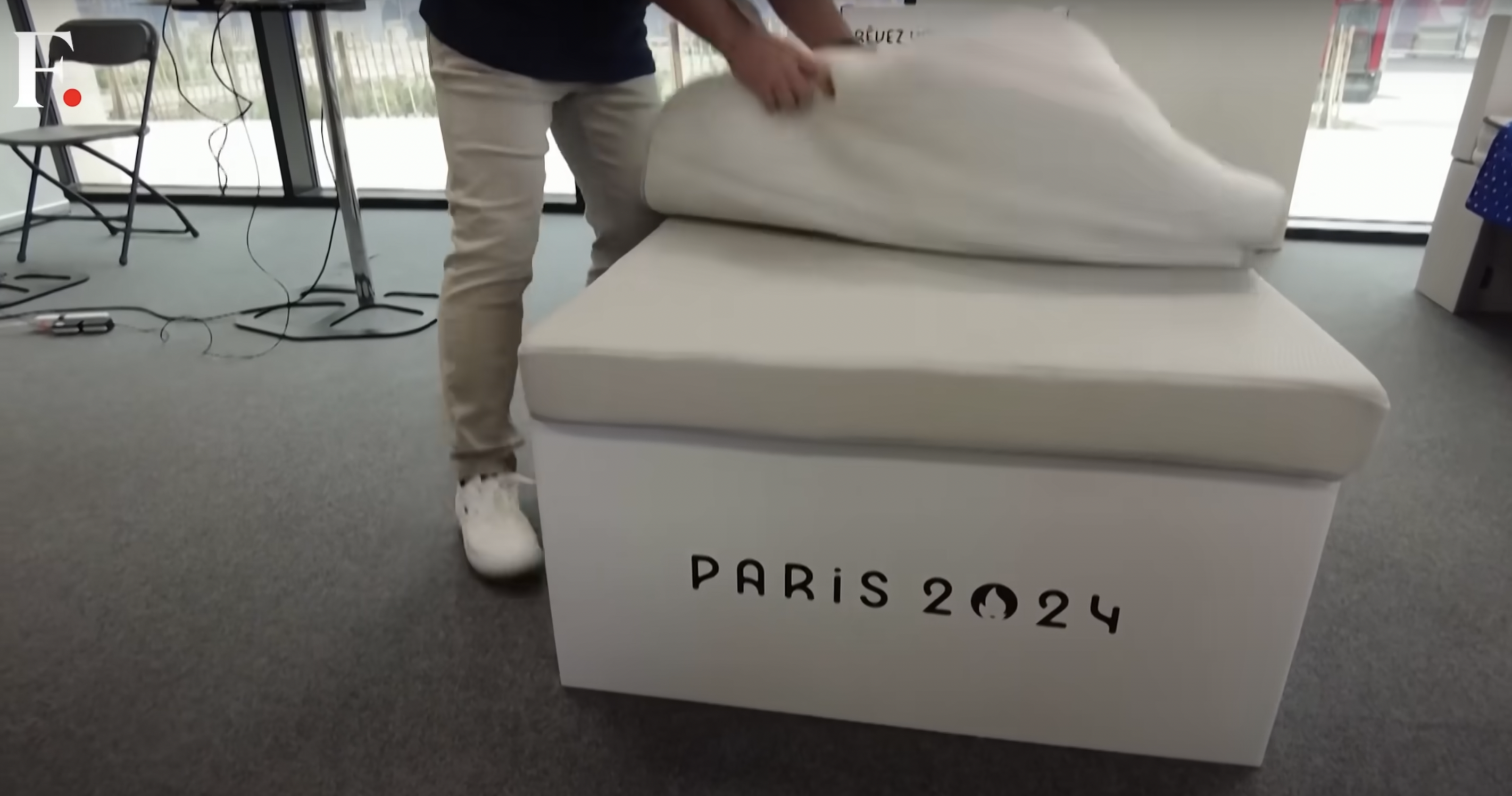 The Paris Olympic Games' cardboard beds and mattresses in a video uploaded on July 31, 2024 | Source: YouTube/Firstpost