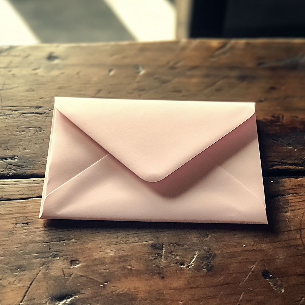 A pale pink envelope on a kitchen table | Source: Midjourney