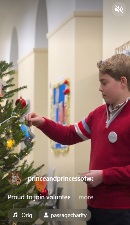 Prince George helps hang decorations on a Christmas tree inside The Passage, adding festive touches ahead of the lunch. | Source: Instagram/Princeandprincessofwales