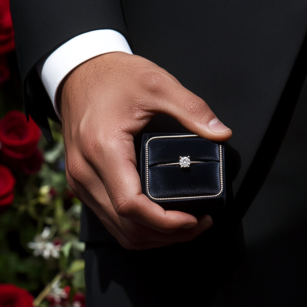 Close-up shot of a man holding a velvet box nestling a ring | Source: Midjourney