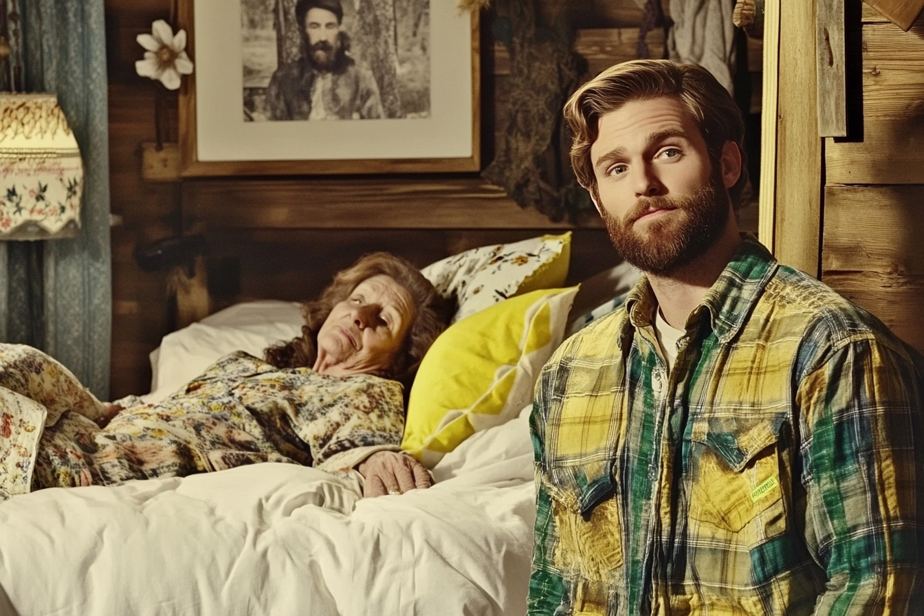 A man seated at an older woman's bedside | Source: Midjourney