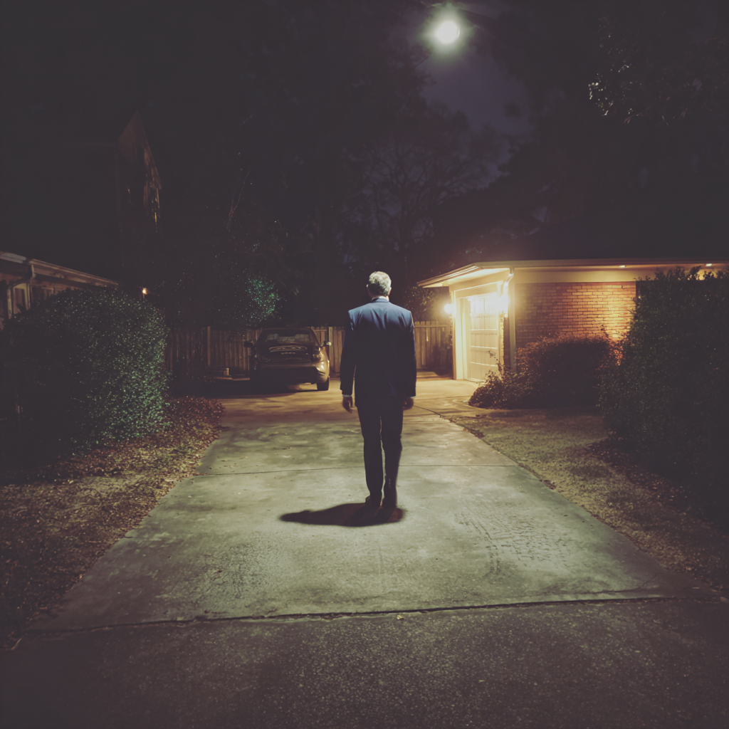 A man walking down a driveway | Source: Midjourney