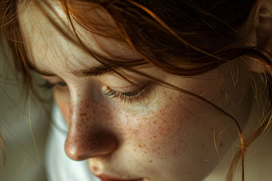 An anxious woman with her eyes downcast | Source: Midjourney