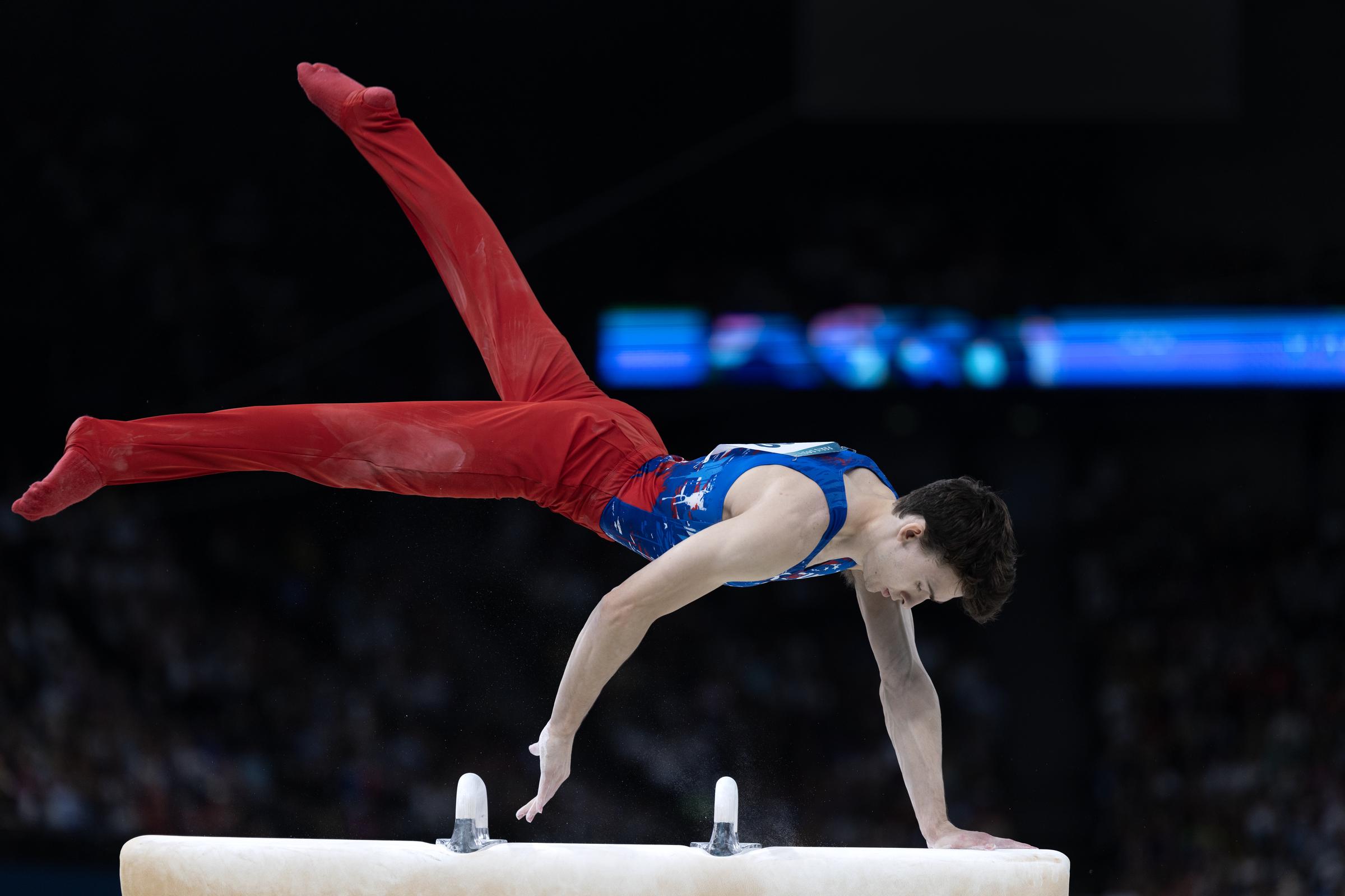 Stephen Nedoroscik of the United States performs his pommel horse routine during Artistic Gymnastics, Mens Qualification at the Bercy Arena during the Paris 2024 Summer Olympic Games on July 27th, 2024 in Paris, France | Source: Getty Images