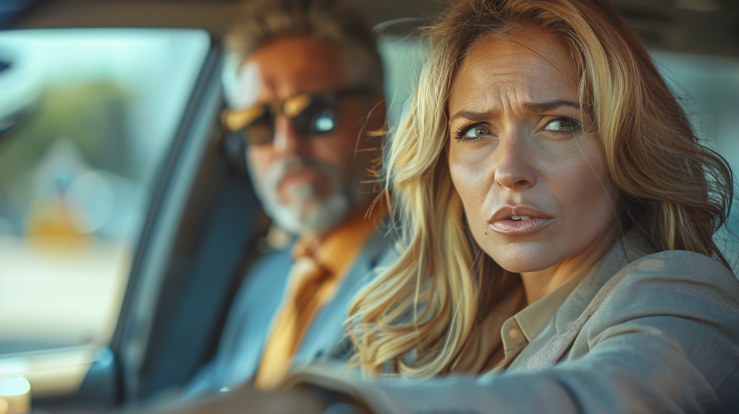 A bit angry and frustrated woman sharing a taxi with a man | Source: Midjourney