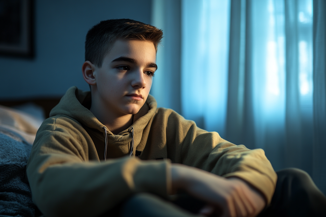 A boy sitting in his bedroom, looking down | Source: Midjourney