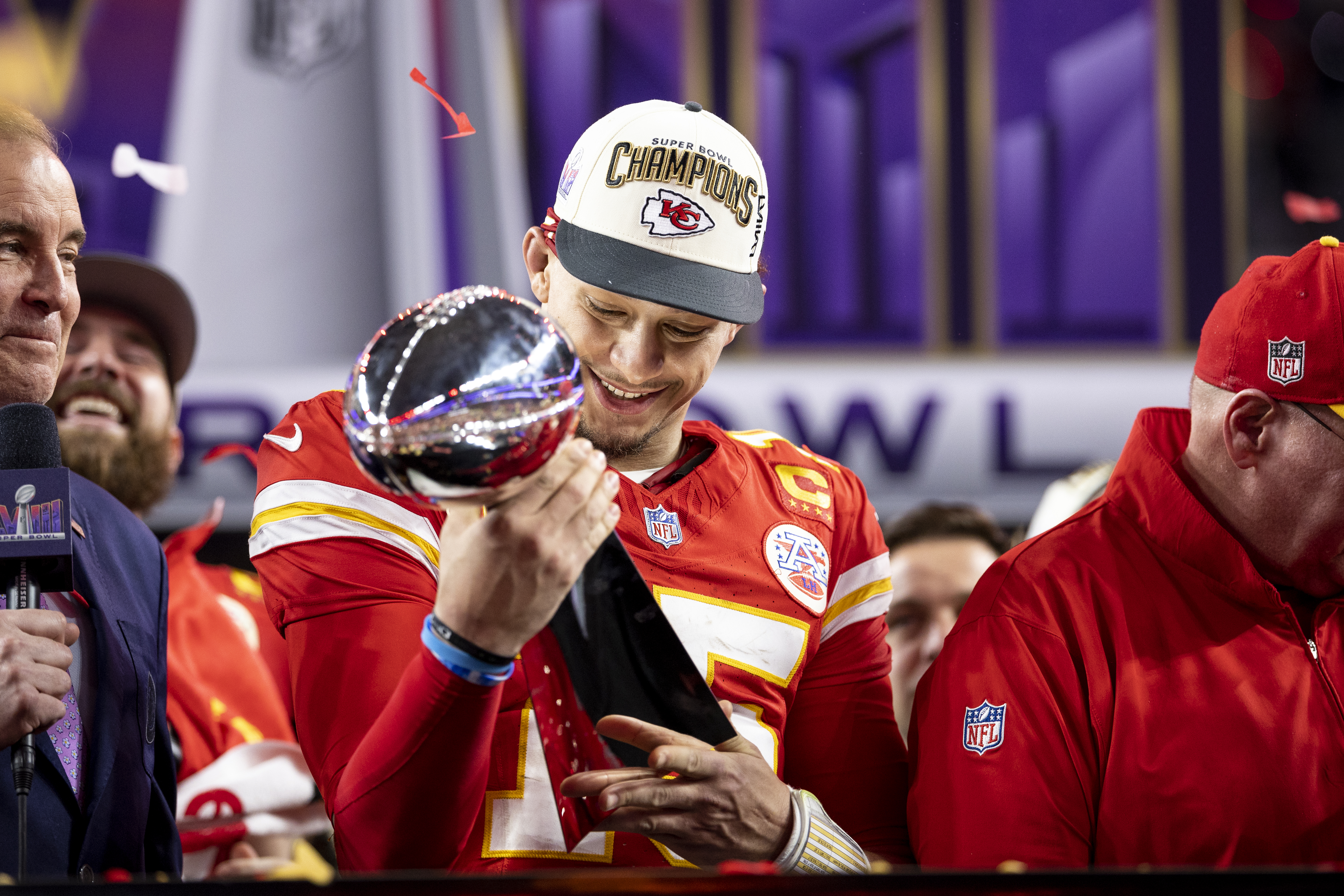 Patrick Mahomes #15 of the Kansas City Chiefs celebrates with the Vince Lombardi Trophy following the NFL Super Bowl 58 football game on February 11, 2024, in Las Vegas, Nevada. | Source: Getty Images