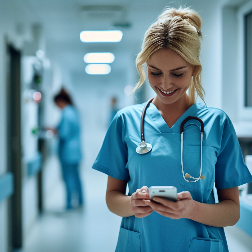 A hospital intern holding her phone | Source: Midjourney