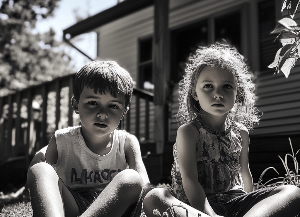 Tired boy and girl sitting on the porch | Source: Midjourney