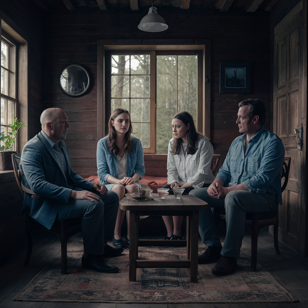 A "round-table" conversation continues inside a cabin in the woods | Source: Midjourney