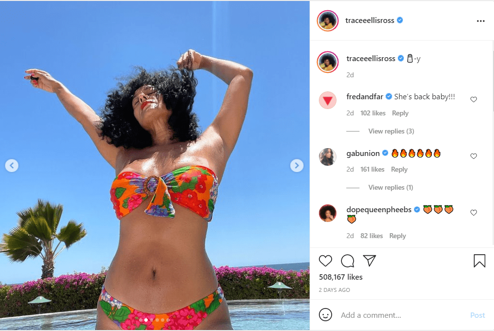 Tracee Ellis Ross stretches her hand upwards giving fans another angle of her fit figure. | Photo: instagram.com/traceeellisross