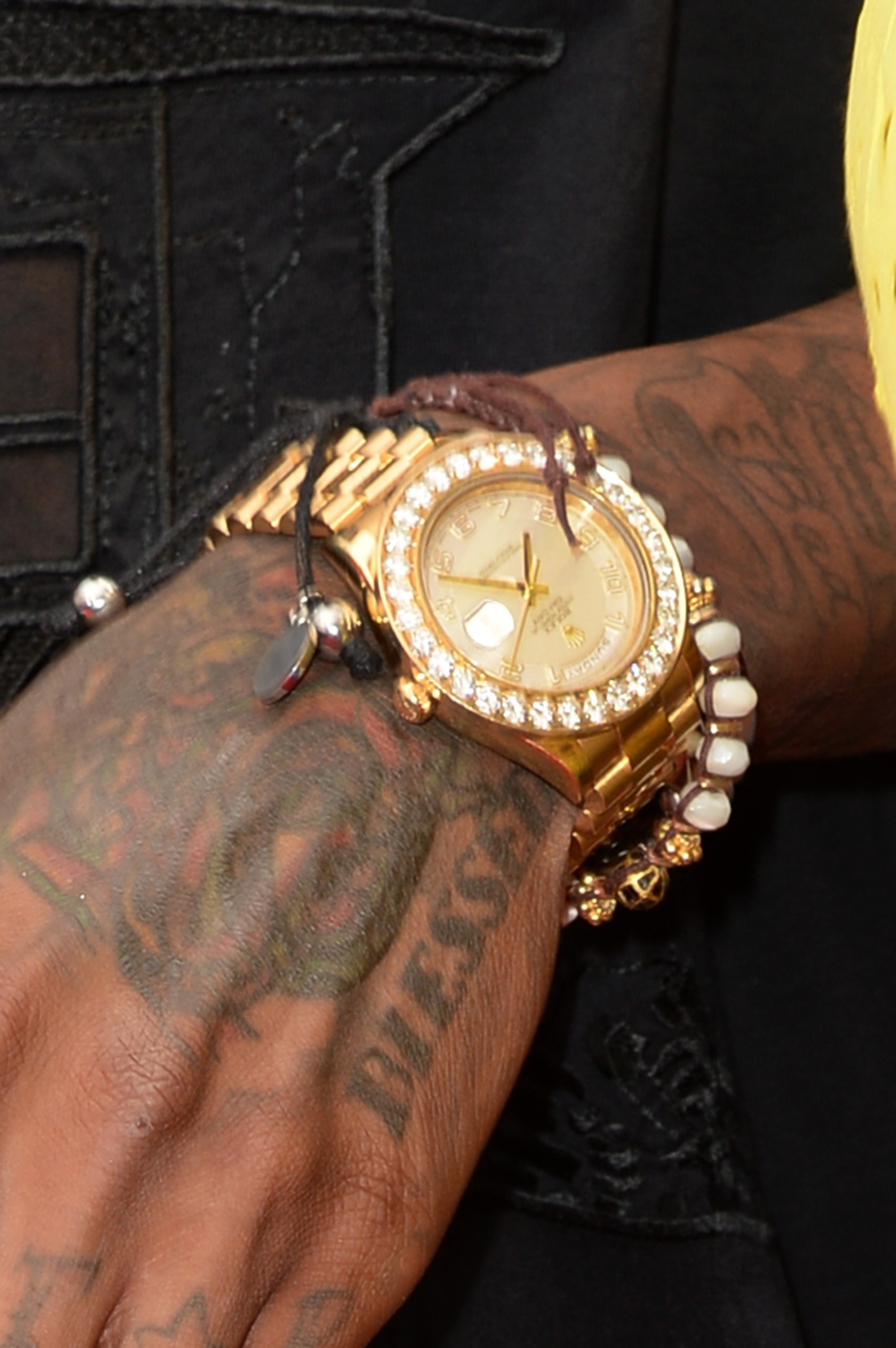 A close-up of Wiz Khalifa's watch while he attended the Ford Red Carpet at the 2013 BET Awards at Nokia Theatre L.A. Live on June 30 in Los Angeles, California. | Source: Getty Images