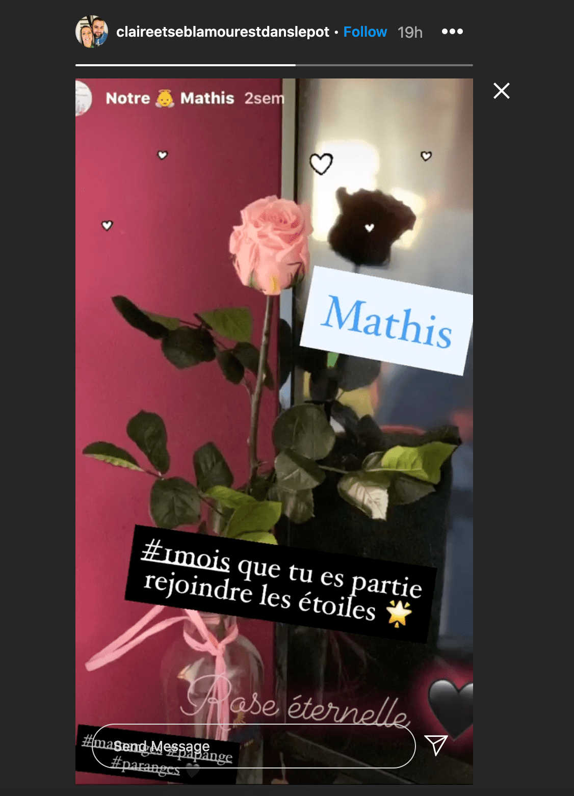 Un hommage vibrant de Claire à son enfant un mois après son décès. | Photo : Story Instagram / claireetseblamourestdanslepot