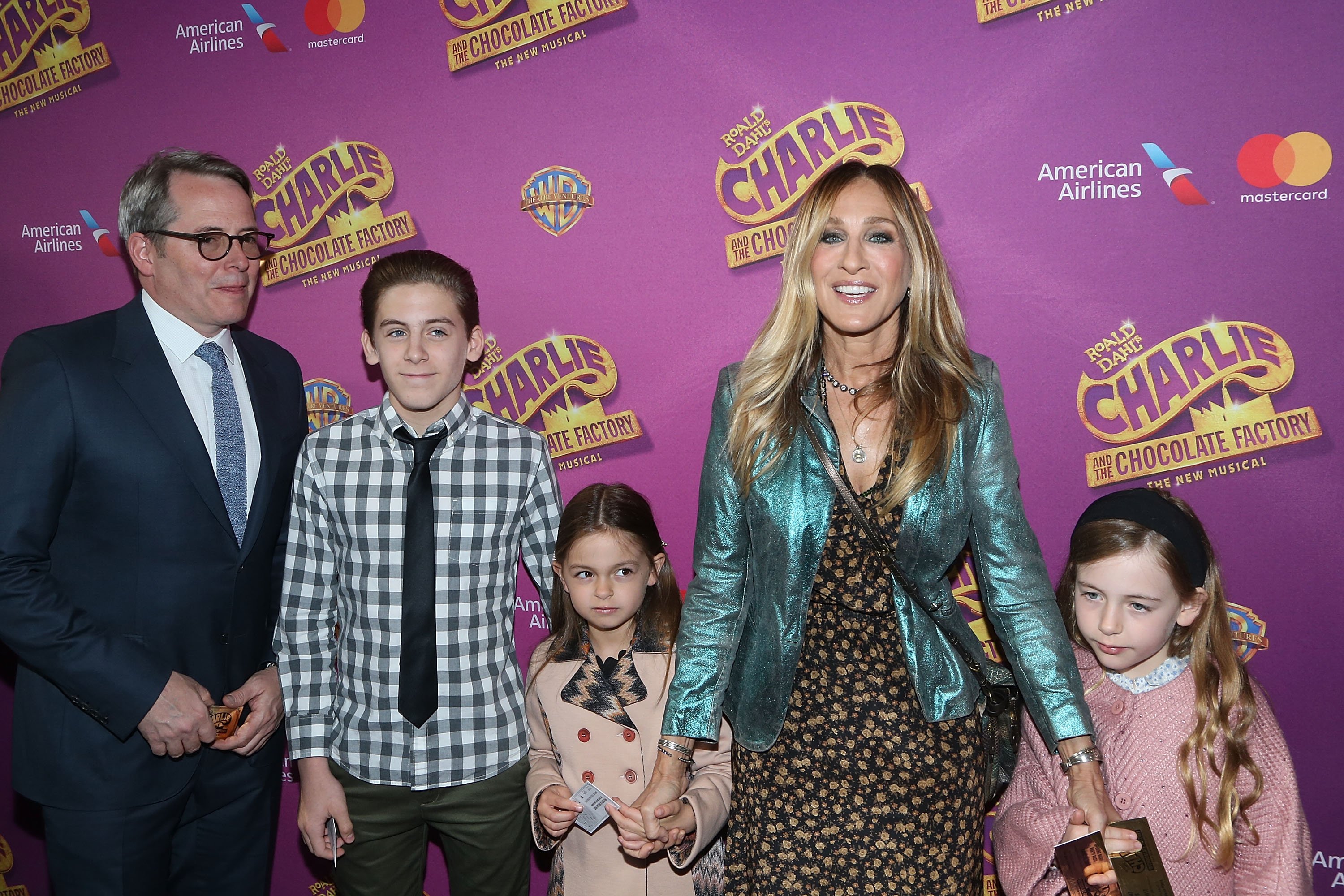 Matthew Broderick, James Wilkie Broderick, Tabitha Hodge Broderick, Sarah Jessica Parker, and Marion Loretta Elwell Broderick at the Broadway opening of "Charlie And The Chocolate Factory" on April 23, 2017 | Source: Getty Images