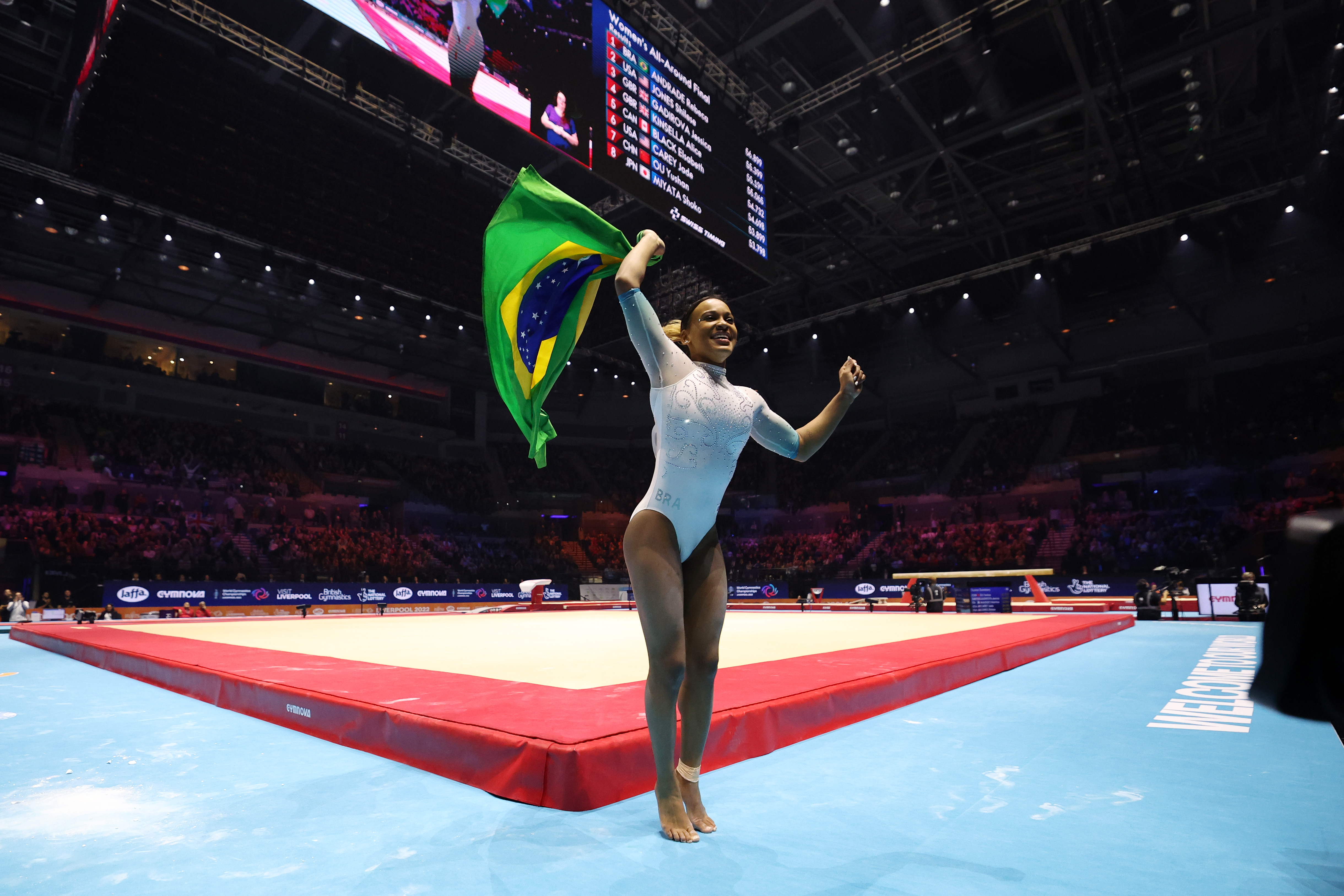 Rebeca Andrade of Brazil celebrates after winning the Women's All-Around Final on day six of the 2022 Gymnastics World Championships at M&S Bank Arena on November 03, 2022 in Liverpool, England | Source: Getty Images