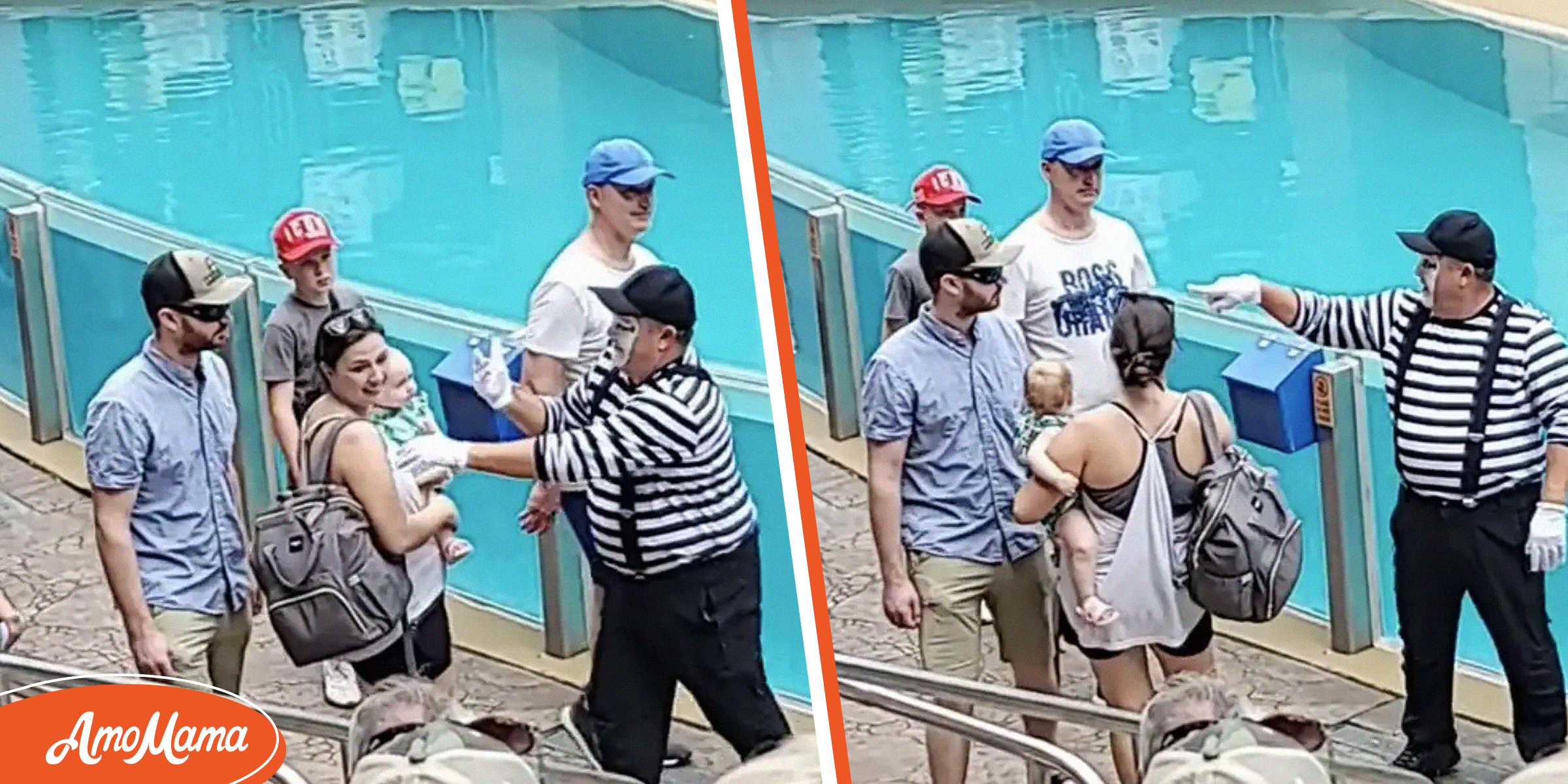 Mime Notices Mom Carrying Baby and Heavy Backpack