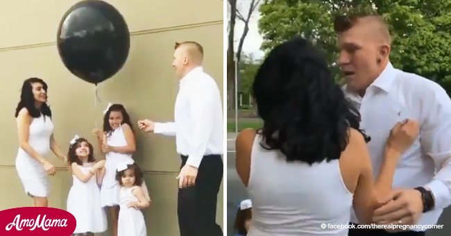 Dad of 3 girls waiting for arrival of 4th baby. He pops a balloon, and begins to jump for joy