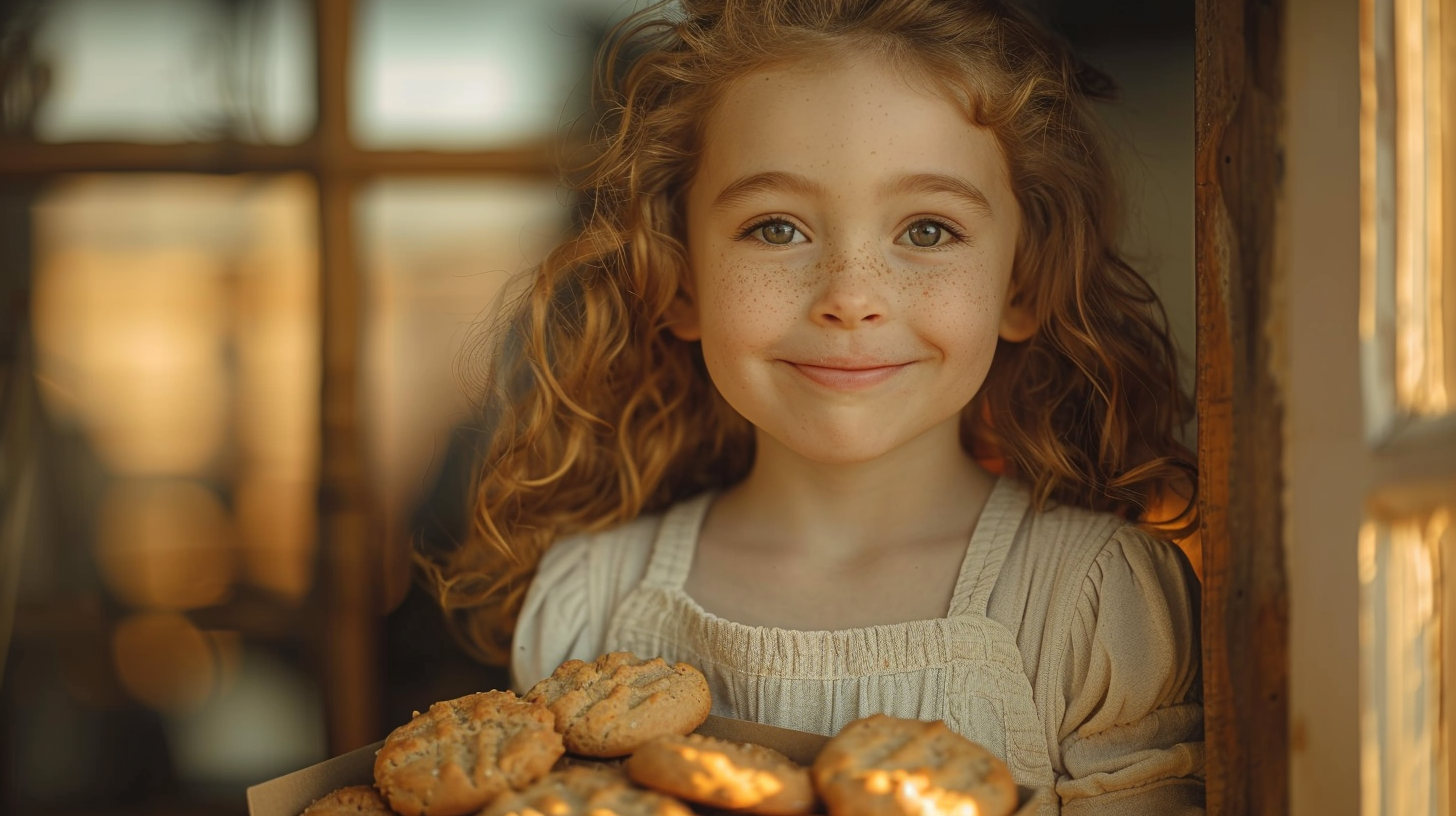 A little girl holding a box of cookies | Source: Midjourney