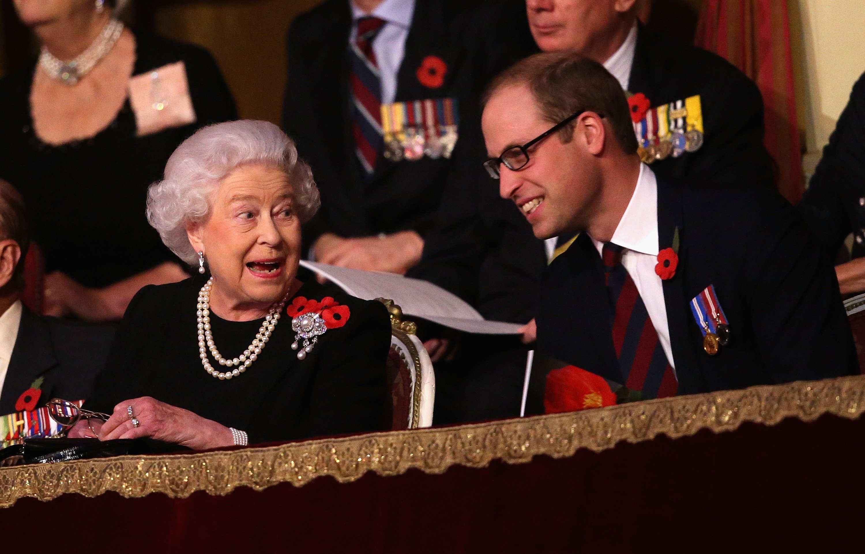 Queen Elizabeth II and Prince William pictured in the Royal Box at the Royal Albert Hall during the Annual Festival of Remembrance on November 7, 2015 in London, England ┃Source: Getty Images