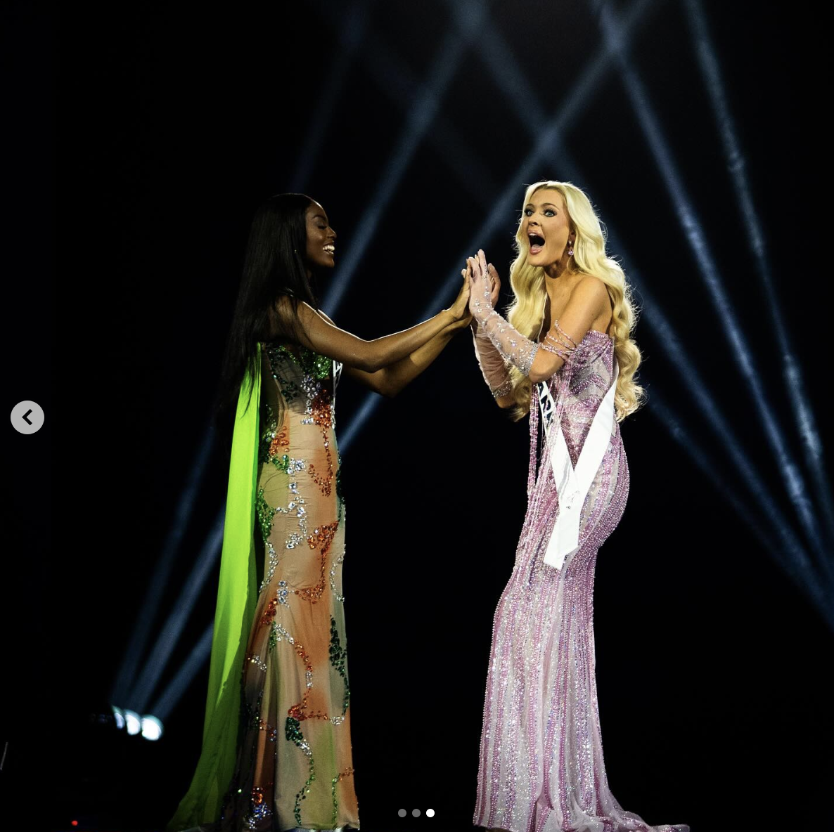 Chidimma Adetshina and Victoria Kjær Theilvig are seen on stage in a photo shared on November 17, 2024 | Source: Instagram/missuniverse