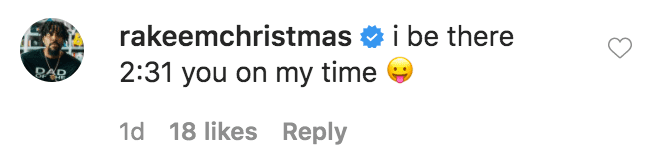 Rakeem Christmas commented on a photo of Jasmine Jordan wearing black thick-rimmed sunglasses | Source: Instagram.com/mickijae
