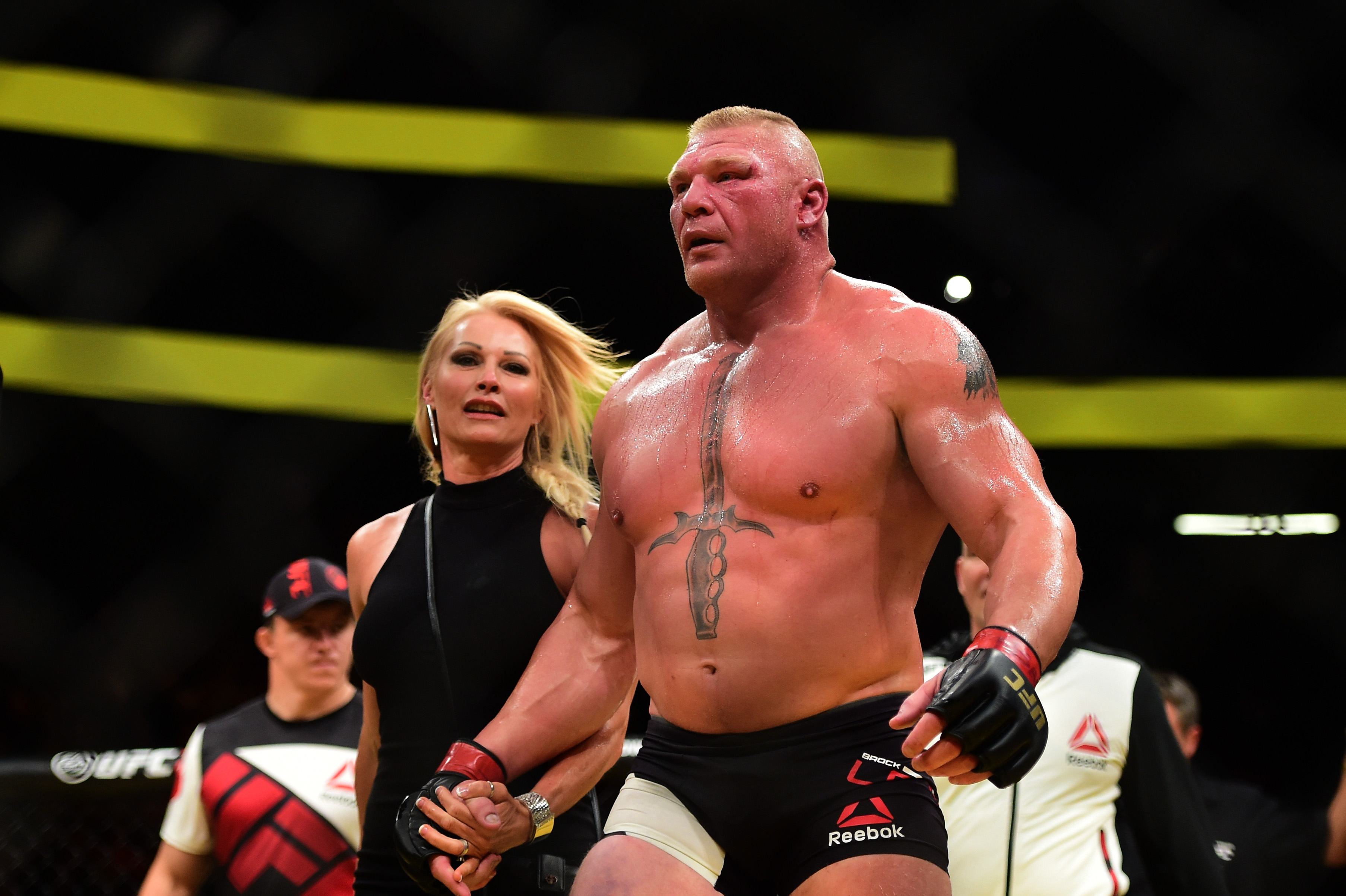 Brock Lesnar and his wife Rena Lesnar on July 9, 201,6 at T-Mobile Arena in Las Vegas, Nevada. | Source: Getty Images