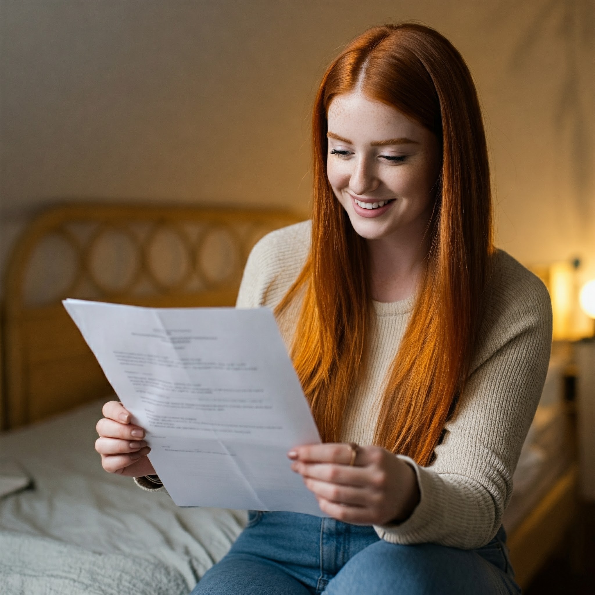 A young woman smiling at a piece of paper | Source: Gemini